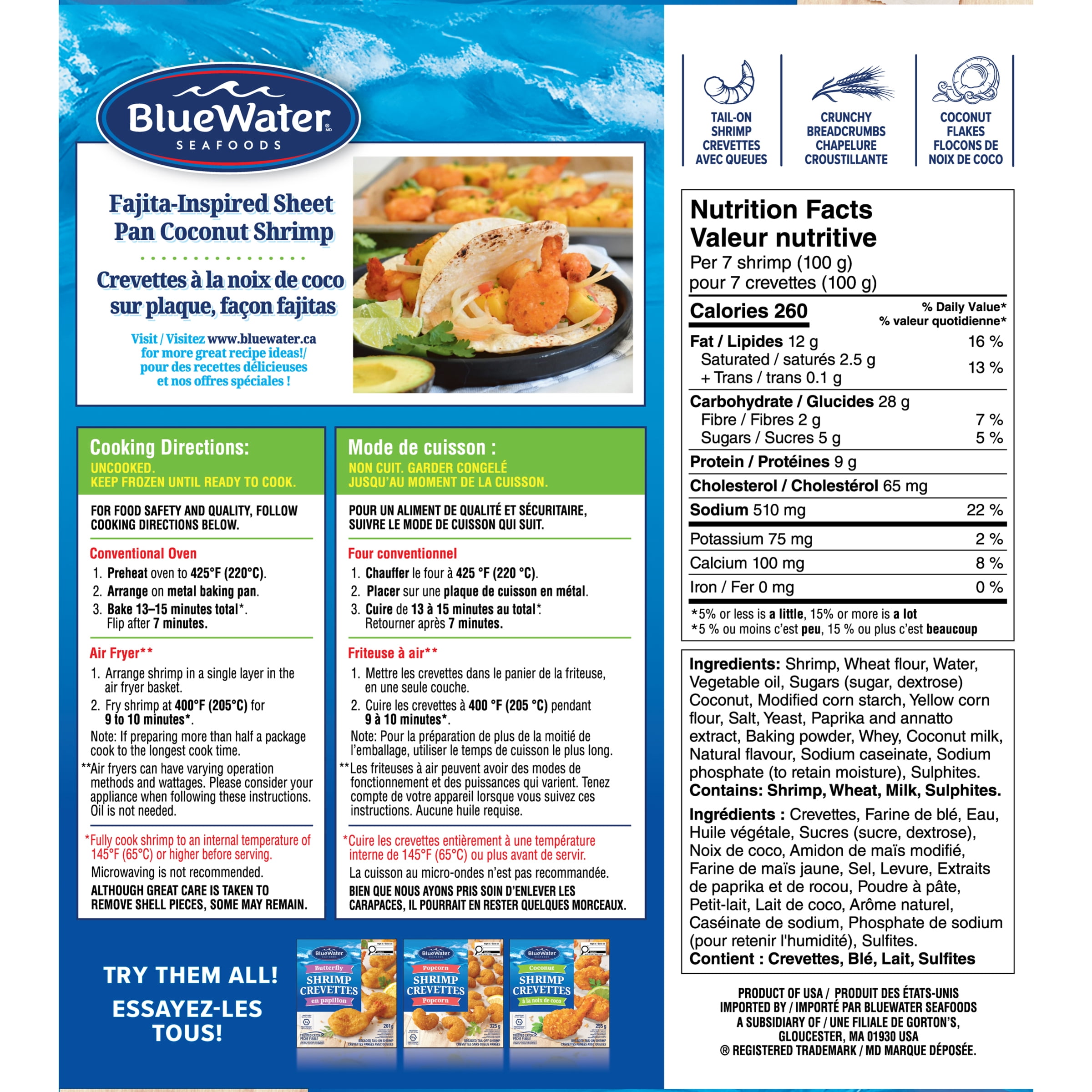 BlueWater Seafoods Coconut Shrimp Whole Shrimp, Breaded with Crunchy Panko Breadcrumbs, Frozen, 255 g Package, Crunchy coconut shrimp with panko breading