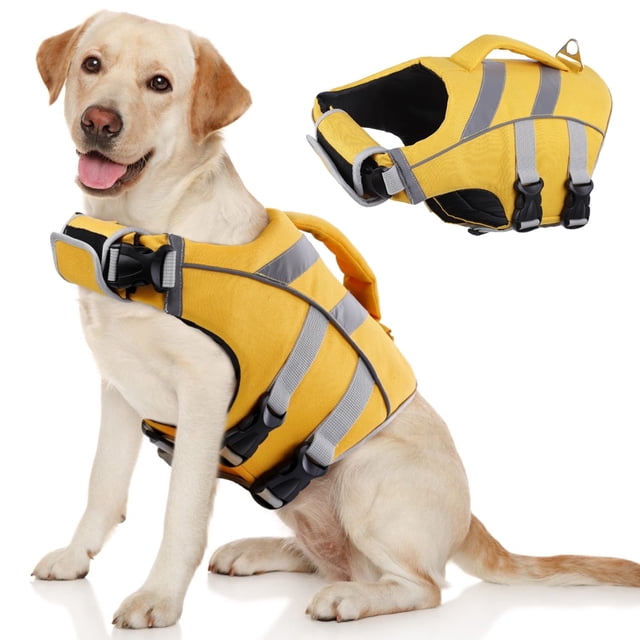 Kuoser Dog Life Jacket with Reflective Stripes, Adjustable Dog Life Vest, Yellow, L