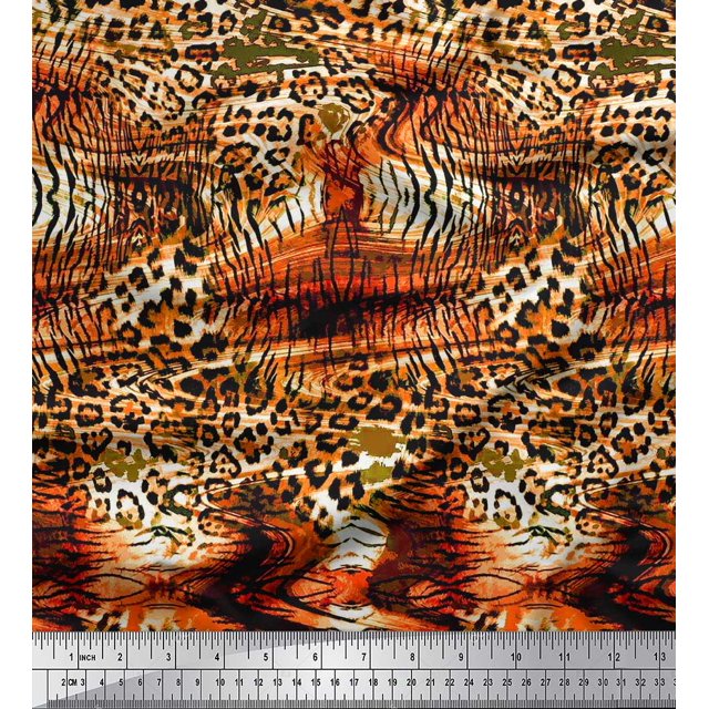 Soimoi Orange Poly Georgette Fabric Leopard & Tiger Animal Skin Printed Fabric 1 Yard 42 Inch Wide
