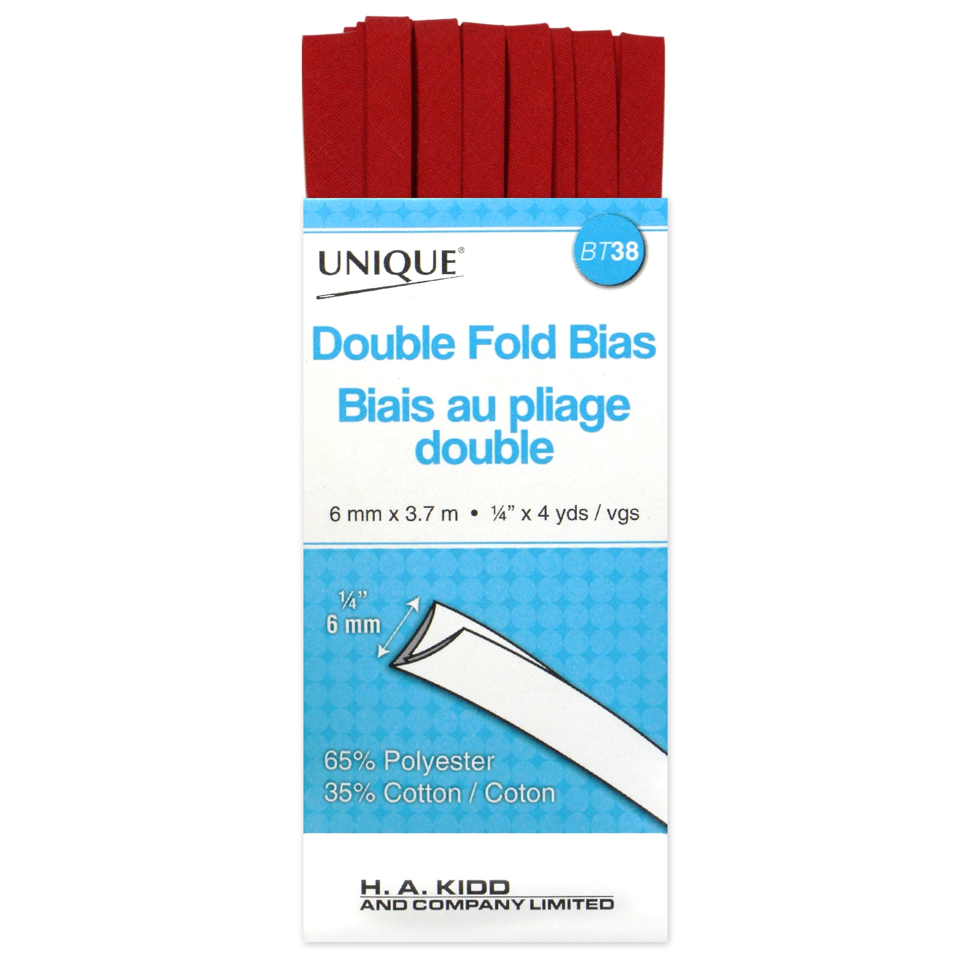 UNIQUE double Fold Bias Tape, 7 mm (0.28 po) × 3.7 m (4.05 vg), Polyester-Cotton, blanc