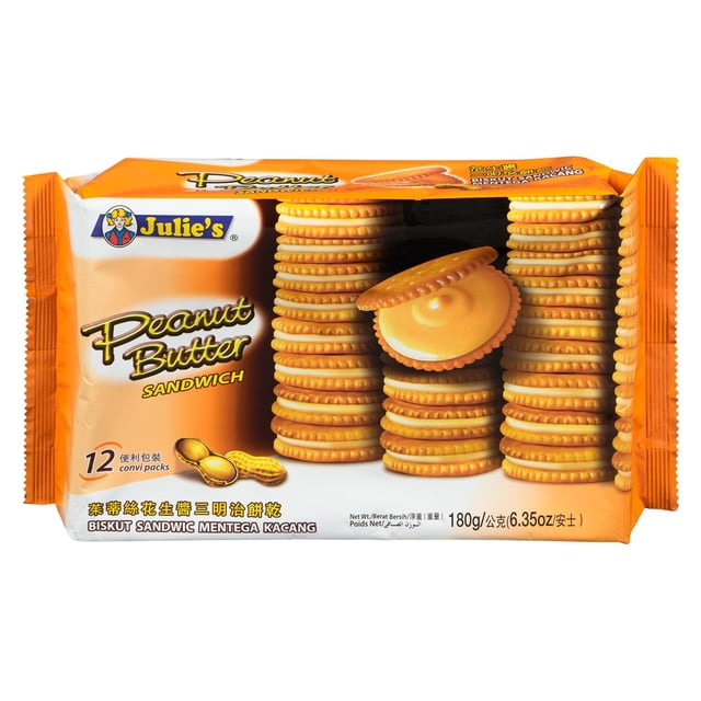 JULIE'S PEANUT BUTTER SANDWICH 12X180 G showing stacks of round golden baked peanut butter sandwich biscuits with creamy peanut butter filling, packaged in an orange and beige wrapper with the Julie's logo and 180g weight.
