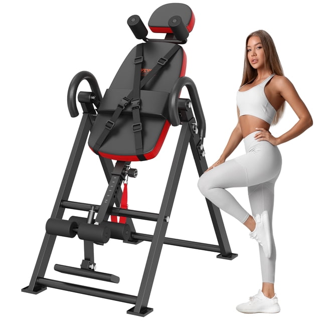 VEVOR Inversion Table Foldable Strength Training Equipment Hang Exercise Bench with a durable steel frame, red and black PU leather padding, and adjustable height for users between 4.9 to 6.2 feet. Supports up to 300 lbs and features ergonomic ankle locks, non-slip handrails, and removable shoulder rollers for comfort and safety. Ideal for fitness recovery and inversion therapy. Foldable design for compact storage.