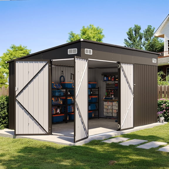 Clouddwell Abri de Rangement en Métal Robuste 12 Pi x 8 Pi avec 3 Portes, Conception Adossée Verrouillable, Résistant aux Intempéries pour Jardin et Outils (Noir)