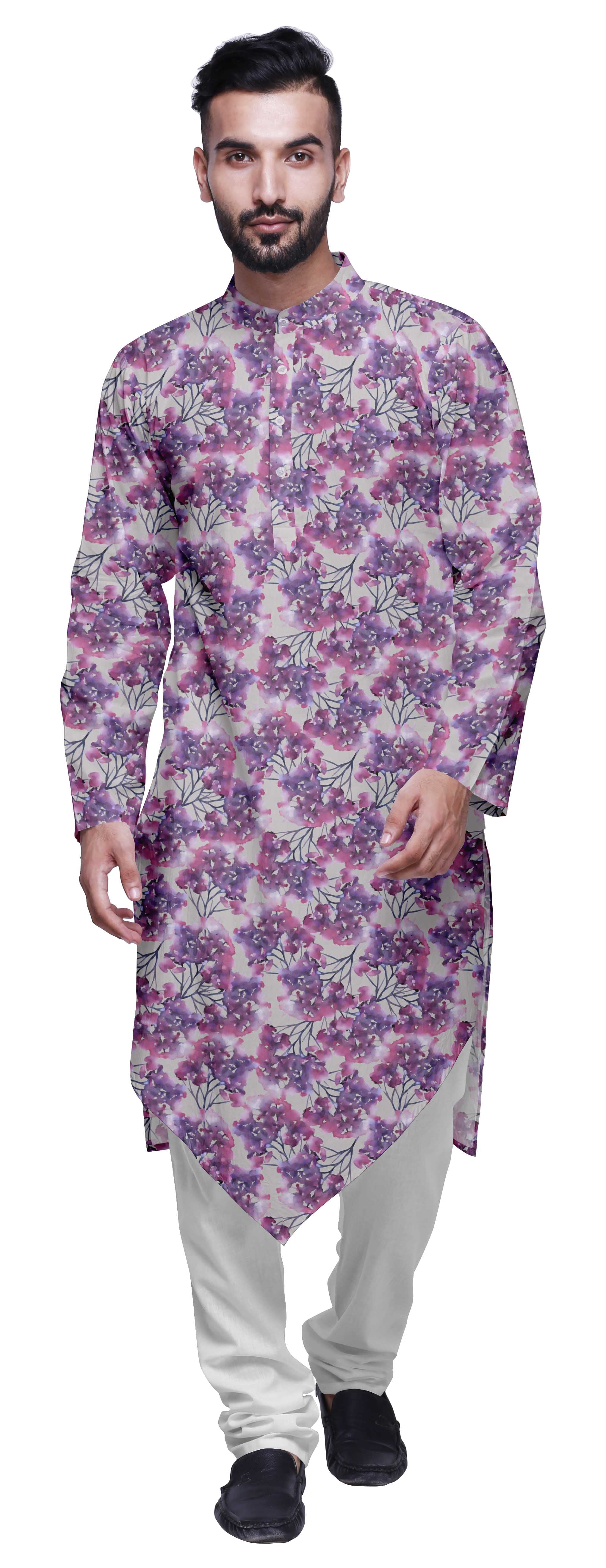 Atasi Kurta à Manches Imprimées pour Hommes Col Mandarin Kurta Ethnique pour Garçons Gris Pâle