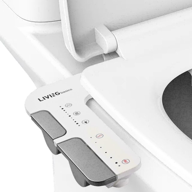 LIVINGbasics Accessoire de Bidet pour Toilette Chaude et Froide, Bidet Auto-Nettoyant, Ultra Mince, Non Électrique avec Pression d'Eau Réglable. l'Accessoire de Bidet en ABS Blanc Offre Deux modes de Pulvérisation pour Lavage Arrière et frontal, un Bouton de Contrôle de la Température pour le Réglage de l'Eau Chaude et Froide, et un design Mince de 6 mm. Il Est Monté sur une Toilette standard en Deux Pièces avec Commandes Faciles à Utiliser, Convient à Tous les Utilisateurs, Y Compris les Personnes Âgées et les Femmes Enceintes.
