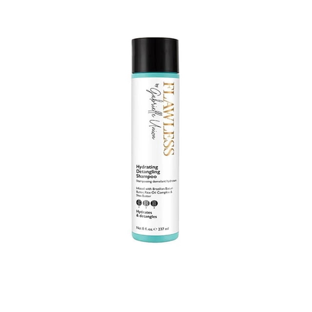 Flawless Shampooing Hydratant Démêlant en Bouteille Cylindrique Blanche avec base turquoise et Bouchon Noir, Étiqueté avec Texte Or et Noir Mettant en Valeur le Beurre de bacuri Brésilien, le Complexe d'Huile de Riz et le Beurre de Karité pour Hydrater et Démêler les Cheveux, 237 ml. Convient Aussi au Nettoyage en Douceur et à la Restauration de l'Élasticité des Cheveux.