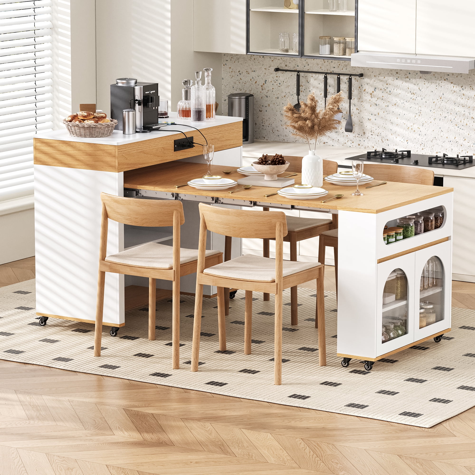 Table de salle à manger extensible Noble House TREXM avec plateau rabattable extra-long, îlot de cuisine roulant avec tiroirs (Noyer + Blanc crème)