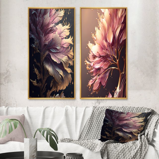 Designart "Pink and Gold Abstract Leaf Design III" Leaves Framed Wall Art Set Of 2 - Blue Floral Frame Gallery Set For Office Decor