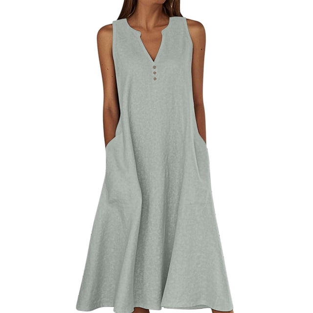 Ohufall Robe Femme en Coton et Lin à Col en V Sans Manches Décontractée Robe Débardeur Unie Confortable avec Poches Robe Midi d'Été Chic