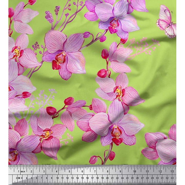 Soimoi polyester Crepe Fabric Bird & Orchids Flower Print Sewing Fabric Yard 42 Inch Wide