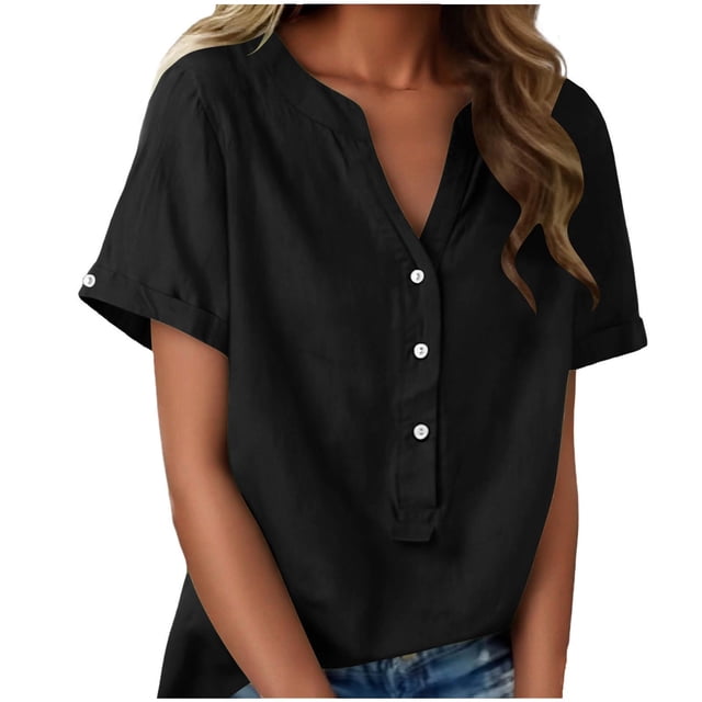 Floleo T-Shirt à Manches Courtes pour Femmes, Style Lin, Col en V, Boutons devant, Demi-Ouverture, Haut Vintage Classique, Respirant, Confortable, Extensible, Tissu Fin, Printemps Été Automne, Tenue Quotidienne (Noir#2, 2TG)