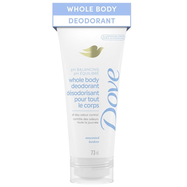 Dove Whole Body Deodorant Cream Aluminum Free pH Balancing in a 73 ml white squeeze tube with blue text and gold dove icon, providing all-day odour control and hypoallergenic unscented formula for sensitive skin, designed for full-body use including pits, privates, thighs, and toes.