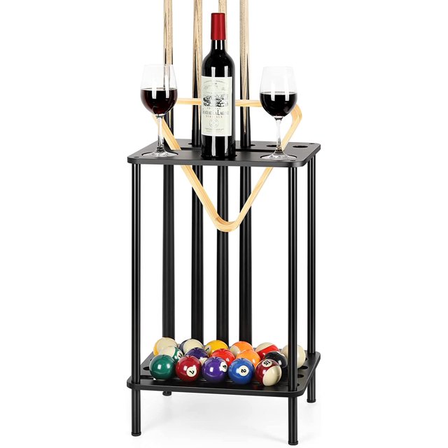 Support de Queue de Billard au Sol, Tient 6 Queues de Billard, 3 Porte-Boissons Noir