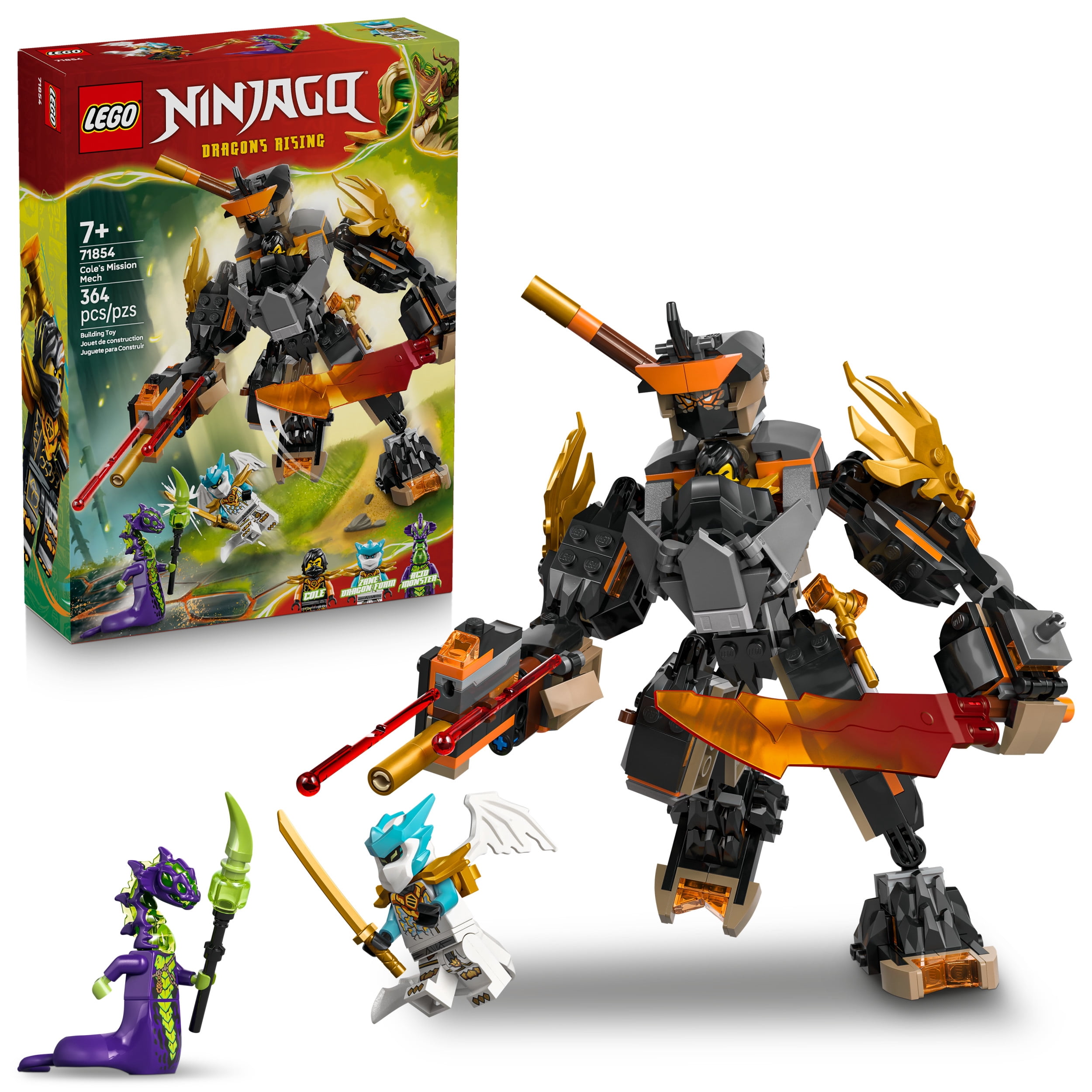 LEGO NINJAGO Cole’s Mission Mech & Dragon Zane Building Toy for Boys, Girls & Kids, Ages 7+ - Poseable Mech W/Cole, Acid Monster, & Zane Minifigures for Pretend Play - Gift Idea for Birthdays - 71854