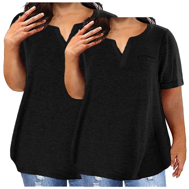 Plebaso 2 Pack Hauts Grande Taille pour Femmes Col en V Manches Courtes Tee Tops Blouses Décontractées Confortables pour Femmes