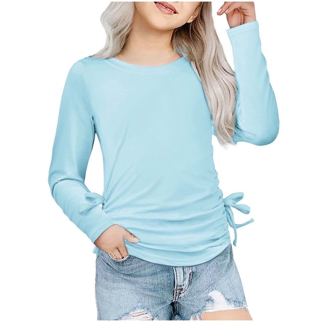 Sunnyoo T-Shirt Décontracté pour Grandes Filles à Manches Longues, Col Rond, Froncé avec Nœud, Tailles 3-14