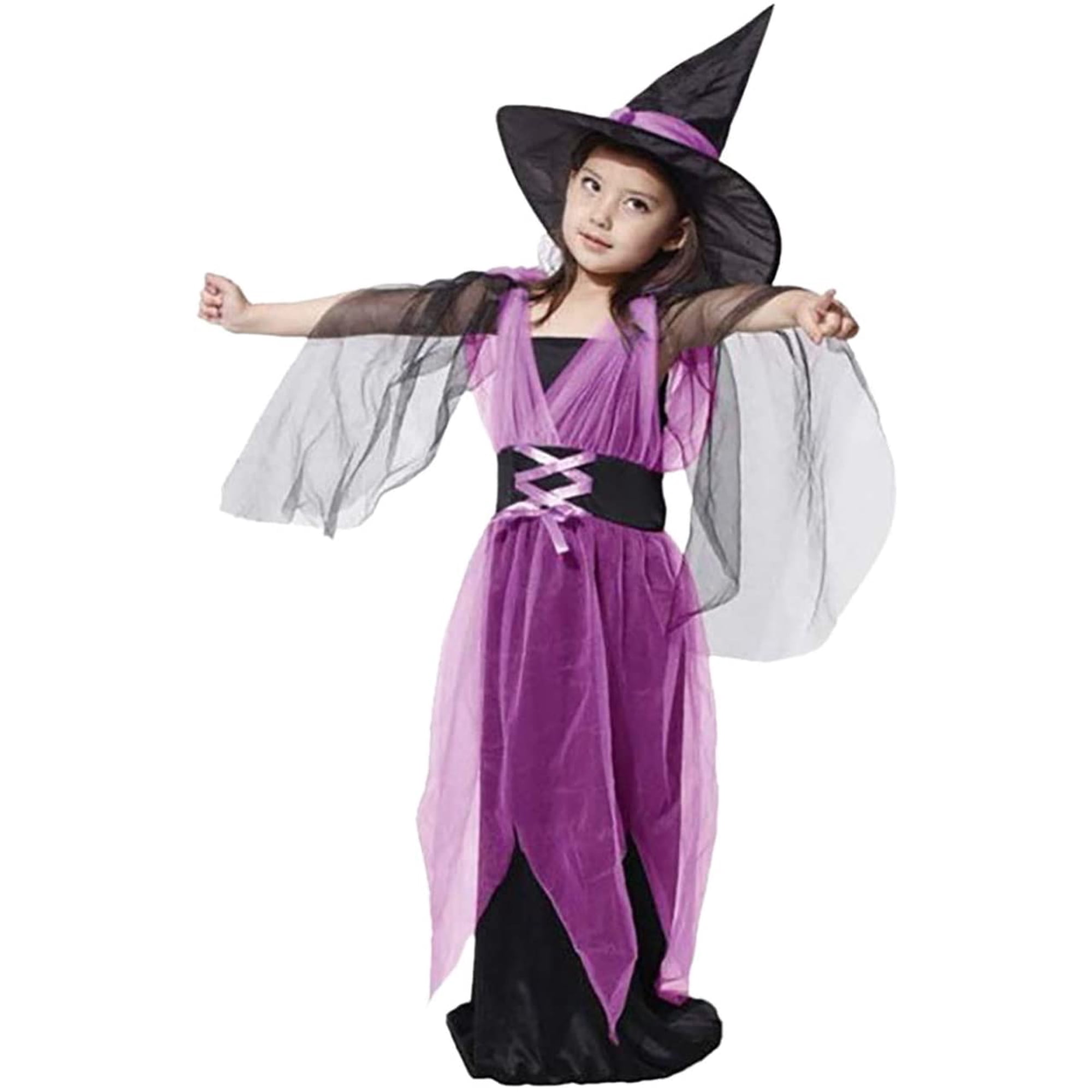 Costume De Sorcière Lumineux Pour Fille – LED Intégrées – Avec Chapeau Et Balai – Halloween, Carnaval, Cosplay