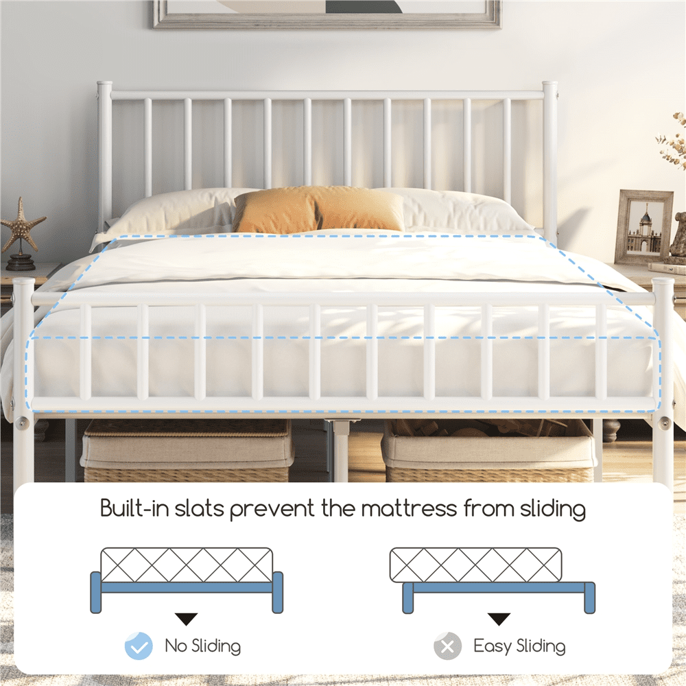 Fullfurnique Minimalist Metal Bed Frame with Vertical Bar Headboard and Footboard, Queen, White