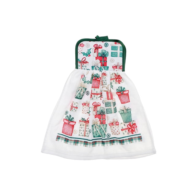 Serviette à Main à Nouer (Cadeaux) - Ensemble de 2 en polyester Blanc avec Motifs de Boîtes-Cadeaux Colorés Rouge, Vert et beige, avec Fermeture à Nouer Verte pour Suspendre, Convient à l'Utilisation en Cuisine pendant les Fêtes Ou comme Serviettes à Main Festives.
