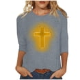 thumbnail image 1 of RKSTN Hauts pour Femmes Mode Décontractée Imprimé Crucifix Col Rond Manches 3/4 T-Shirt Couleur Unie Ajusté Blouse Printemps Été, 1 of 4