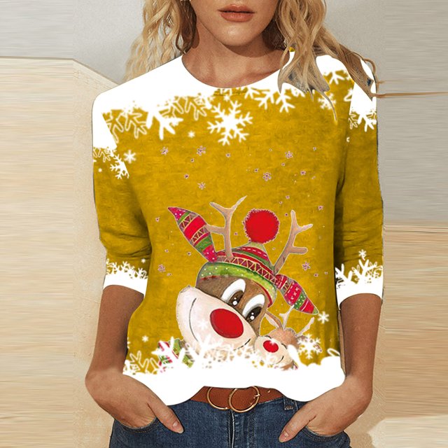 Blouses pour Femmes Décontractées à Imprimé de Noël Amples à Manches Trois Quarts à Col Rond Hauts Blouse pour Femmes en Liquidation