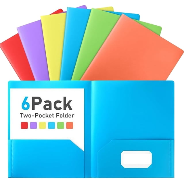 ZTTD 6 Pack Folders with Pockets, 2 Pocket Folders with Business Card Slot, Plastic Folder with Pockets, Heavy Duty File Folder Bulk, S-chool Business Office Filing Supplies, Random Color