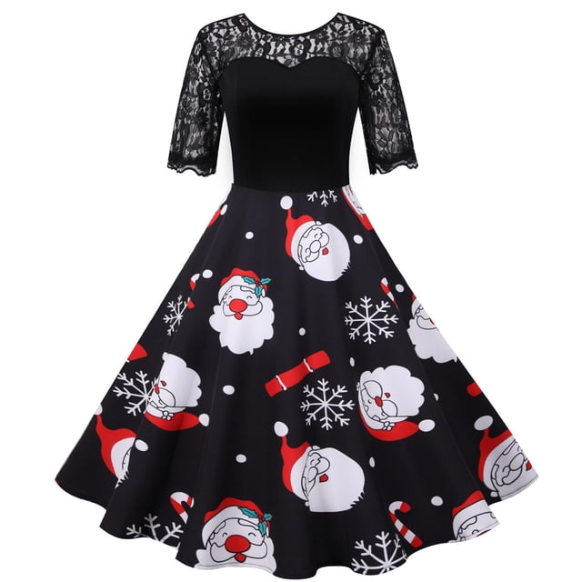 Jsaierl Robes de Noël pour Femmes 2024 Élégantes Décontractées à Manches Courtes Robe en Dentelle Robe de Fête des Fêtes Cocktail Robe à Volants