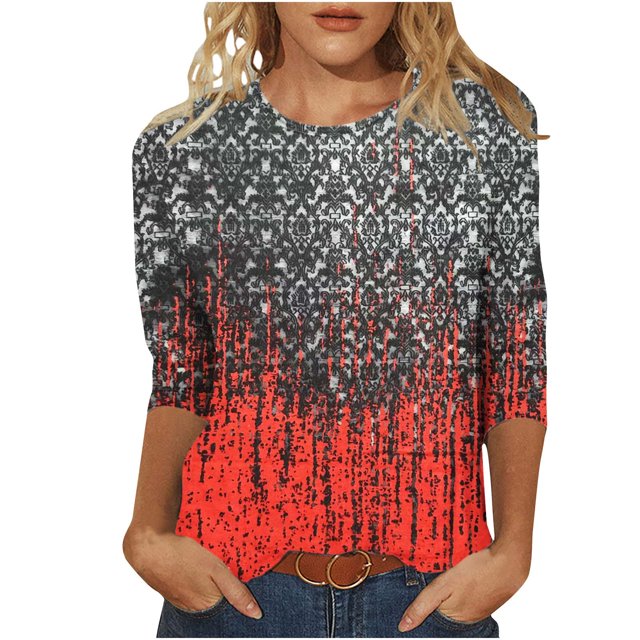 HKEJIAOI Hauts pour Femmes à Manches 3/4, Imprimé Floral, Col Ras du Cou, m, Blouse d'Été