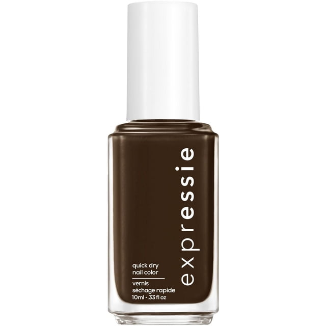 essie expessie quick-dry nail polish in dark brown with a white cap, featuring a patented angled brush for easy application and fast drying in about a minute, suitable for quick nail color touch-ups and on-the-go use