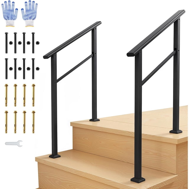 Ensemble de Main Courante Intérieur/extérieur à 2 Marches Réglable en Aluminium Noir et Fer, Rambarde de Sécurité pour Marches de Porche, Assemblage Facile, Comprend Tout le Quincaillerie et les Gants, Lot de 2