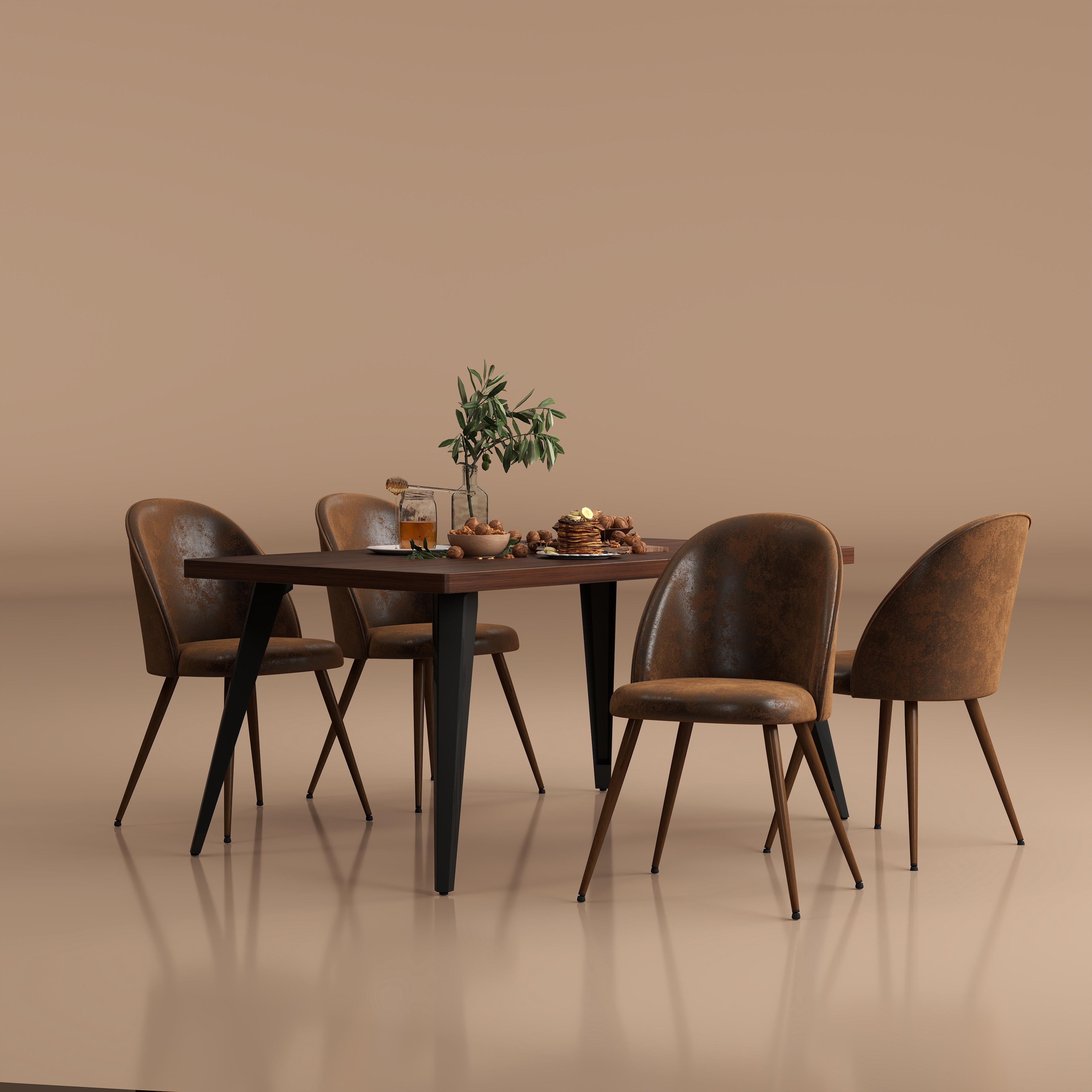 Ensemble de salle à manger Homy Casa 5 pièces, table rectangulaire imitation noyer avec chaises rembourrées