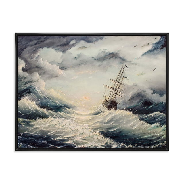 Designart Lutte contre les Éléments Cadre Flottant Mural ART Représente une Impression sur Toile Encadrée d'Un Grand Navire Faisant Face à de Grandes Vagues Océaniques sous un Ciel Orageux avec des Nuages Sombres et des Mouettes, Imprimée sur Toile de Coton de Qualité Supérieure avec des Encres Résistantes à la Décoloration, Enveloppée dans un sous-Cadre en Bois de 1 Po à l'Intérieur d'Un Cadre Flottant Noir, Prête à Accrocher.