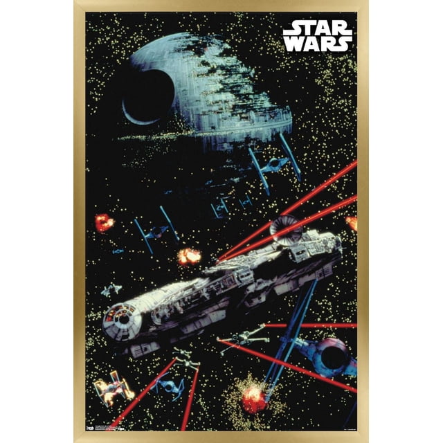 Star Wars : Saga - Affiche Murale de Bataille Spatiale, 22,375 Pouces x 34 Pouces Représentant une Bataille Spatiale avec l'Étoile de la Mort Partiellement Construite, Plusieurs Chasseurs blue TIE et le Faucon Millennium Tirant des Faisceaux laser Rouges sur un Fond Noir Rempli d'Étoiles, Imprimée sur Papier d'Affiche Lustré, Convient à la Décoration Murale de Chambre Ou de Bureau.