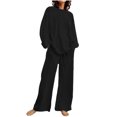 thumbnail image 2 of EGNMCR Women 2 Piece Linen Outfits Solid Color Long Sleeve Suit Drawstring Wide Leg Pants with Pockets Womens Lounge Sets, 2 of 7