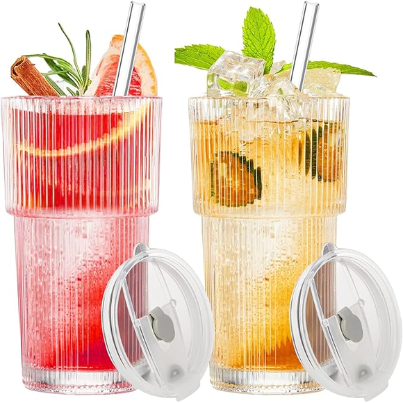 Glass Cups with Lids and Glass Straws, 20OZ Iced Coffee Cups, Stylish Ribbed Design Drinking Glasses for Iced Coffee, Juice, Smoothies, Cold Beverages, 2PCS