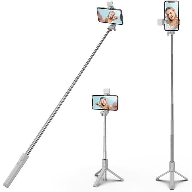 KOMI Selfie Stick Tripod with Fill Light, 40 inch Extendable and Portable Stable Selfie Stick Tripod with Wireless Remote Compatible with All Cellphones for Selfies, Live Streaming, Video, White