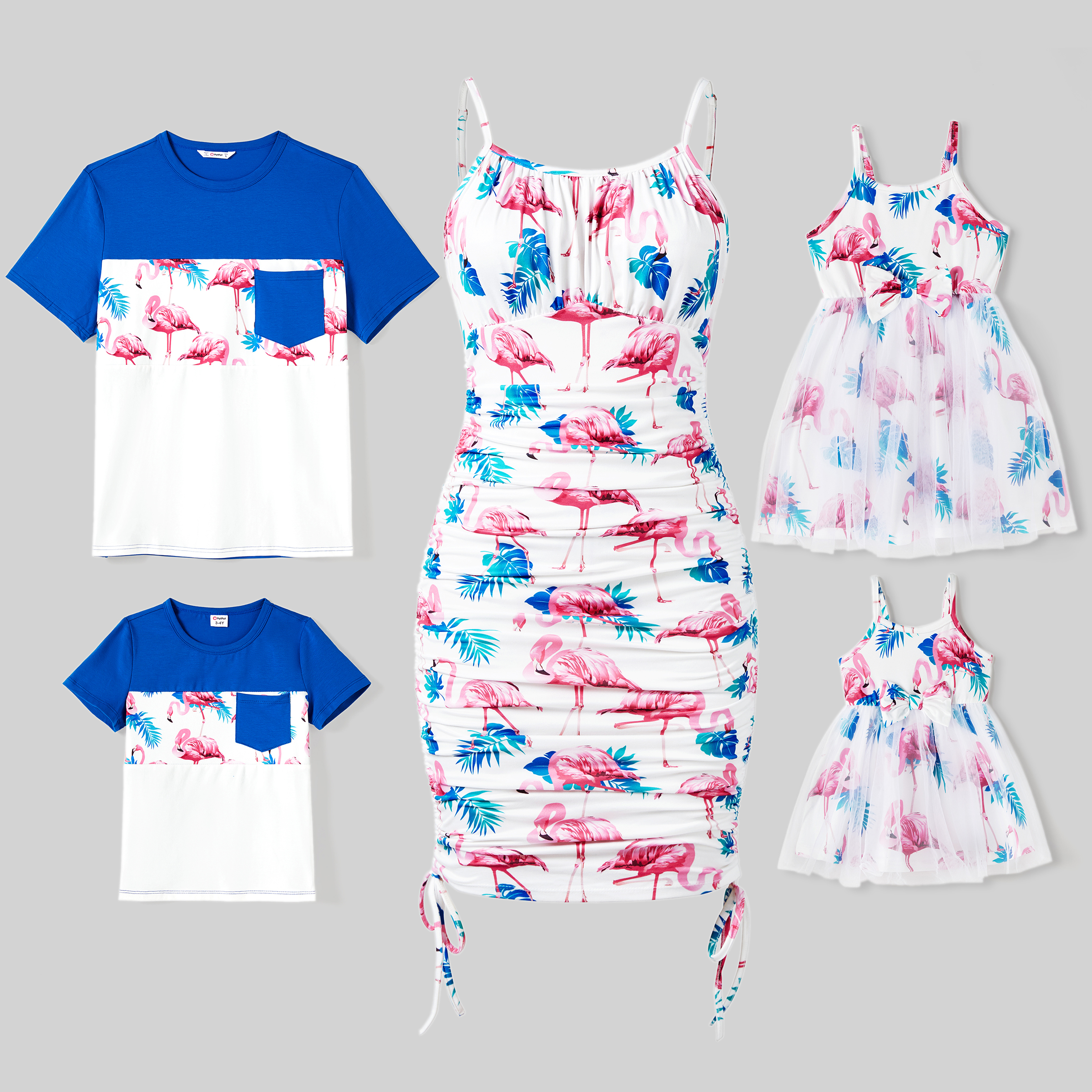PatPat Family Matching Sets Color Block Short-Sleeve Tee and Flamingo Print Ruched Strap Drawstring Sides Strap Dress
