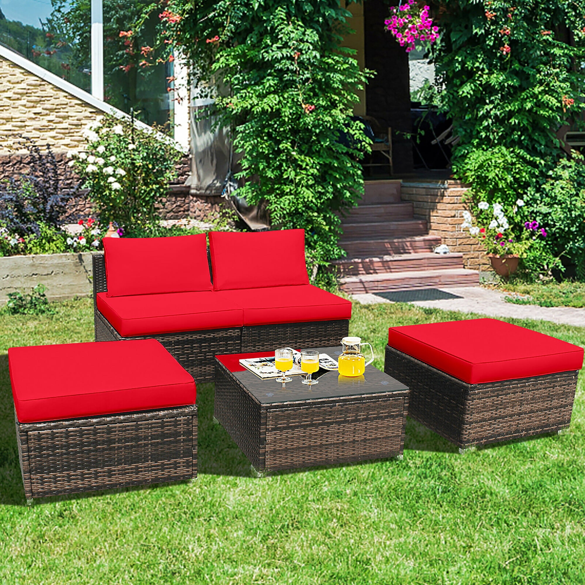Costway 5PCS Patio Rattan Wicker Furniture Set Armless Sofa Cushioned Red