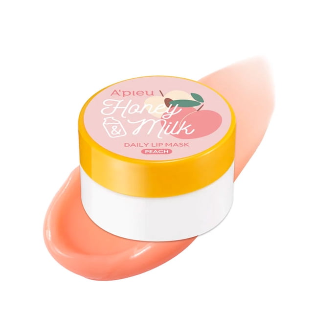 APIEU Masque Quotidien pour les Lèvres Miel et Lait 6 g - Pêche dans un Pot Blanc avec Couvercle Jaune Présentant des Graphiques de Pêche et de Lait, Placée sur un Masque Crémeux pour les Lèvres Couleur Pêche à Bavurer, Formulé pour Hydrater et Apaiser les Lèvres Sèches et Squameuses avec des Extraits de Protéines de Miel et de Lait.