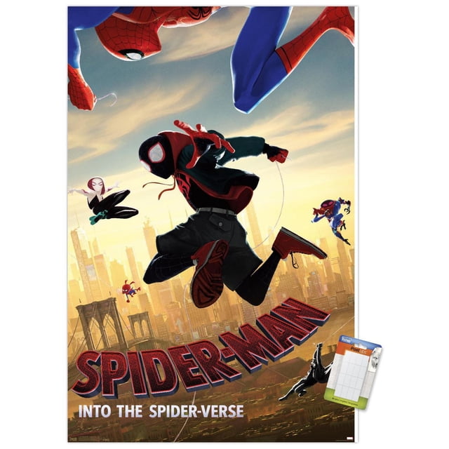 Marvel MCU - Spider-Man - Into The Spider-Verse - Affiche Murale de Plongée, 22,375 Pouces x 34 Pouces Mettant en Vedette Plusieurs Personnages de Spider-Man Se Balançant Dynamiquement au-Dessus d'Une skyline de Ville au Coucher du Soleil avec le Pont de Brooklyn, Texte 3D Rouge Audacieux « Spider-Man Into The Spider-Verse », Idéal pour la Décoration Murale de Chambre Ou de Bureau.