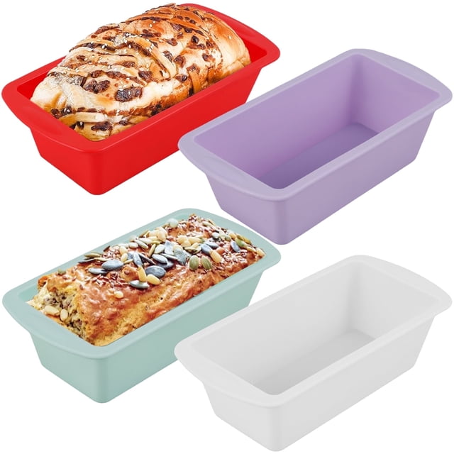4Pcs Silicone Bread Loaf Pan Non Stick Loaf Baking Mold set with four rectangular silicone pans in vibrant colors: red, purple, green, and white. Two pans display freshly baked bread, emphasizing the smooth, non-stick surface for effortless release. Each pan measures 19.5 x 5.5 x 9.5cm and is heat resistant from -40°C to 230°C, ideal for ovens, air fryers, and versatile baking needs. Dishwasher safe for easy cleaning, suitable for bread, cakes, frozen desserts, or jellies.
