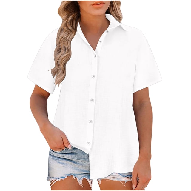 Timegard Womens Shirts Plus Size Cotton Linen Notched V-Neck Button down Short Sleeve Casual Loose Top