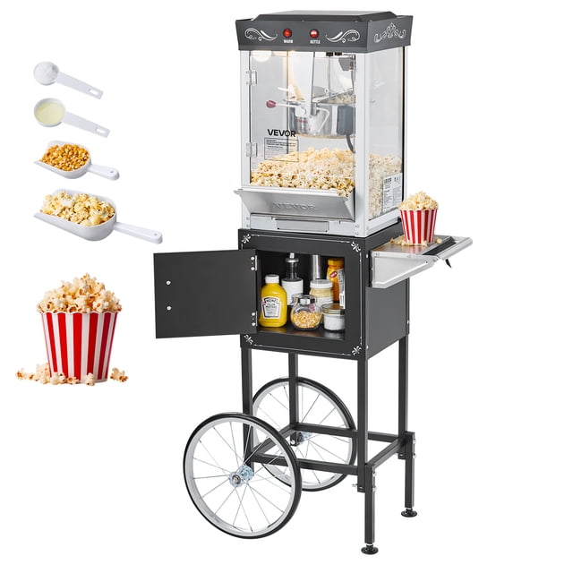 VEVOR Popcorn Machine with Cart, an 8oz stainless steel kettle and 800W commercial popcorn maker, producing up to 48 cups of theater-style popcorn per batch. The black retro design features tempered glass panels, a storage cabinet, and wheels for easy mobility. Includes accessories like measuring spoons and a popcorn scoop.