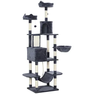 81" Grand arbre de chat avec des poteaux, condos, lits, hamacs, plates-formes de saut, balles de jouets, jouet de chat à corde, gris foncé