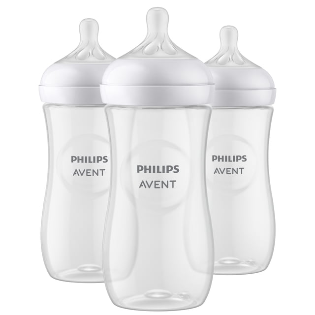 Philips Avent Natural Baby Bottle with Natural Response nipple, clear 11oz 3-pack featuring wide breast-shaped nipples that mimic breastfeeding, anti-colic valve to reduce discomfort, no-drip design, and ergonomic shape for easy grip and cleaning.