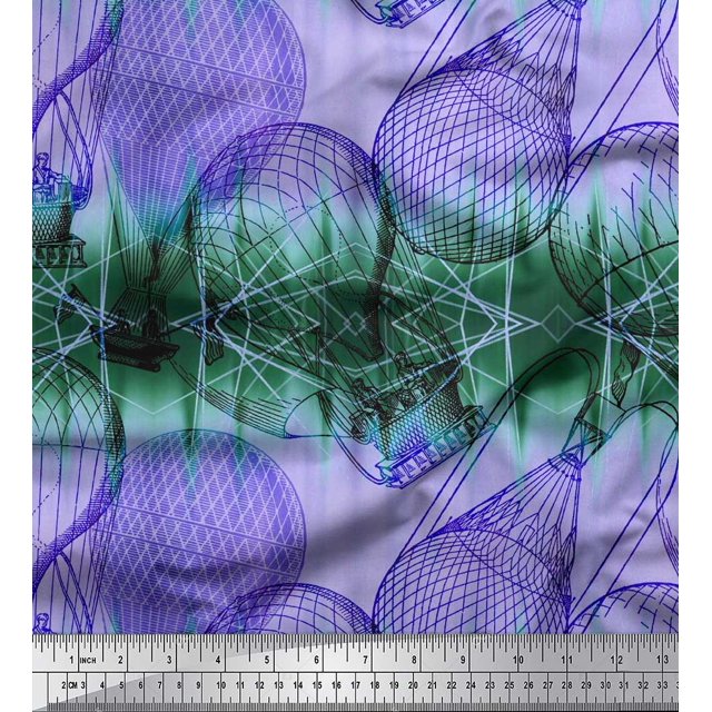 Soimoi Polyester Crepe Fabric Men & Hot Air Balloon Holiday Print Fabric by Yard 52 Inch Wide