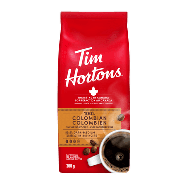 Tim Hortons 100% Colombian Ground Coffee, Dark Medium Roast, Ground Coffee Bag, Made with 100% Arabica Beans, 300g