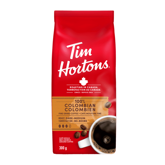 Tim Hortons 100% Colombian Ground Coffee, Dark Medium Roast, Ground Coffee Bag, Made with 100% Arabica Beans, 300g