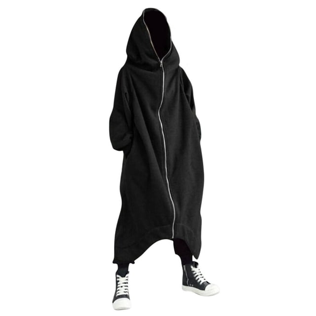 Men‘s Personality Dark Style Full Body Zipper Long Hooded Sweater Jacket