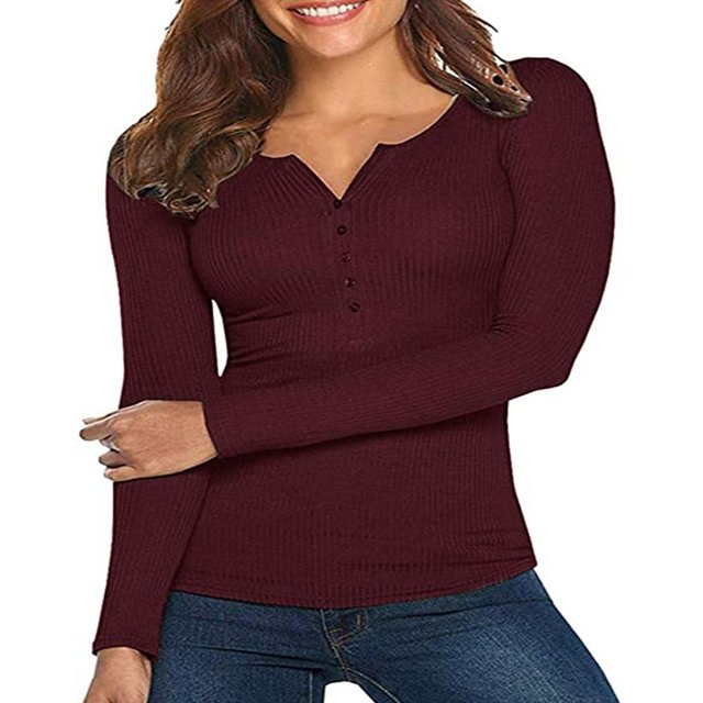 Women Spring T-Shirt Solid Color Ribbed Henley Neck Long Sleeve Slim-fitting Pullover for Girls Autumn